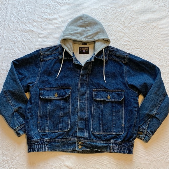 Vintage Trailmaster New York Los Angeles Blue Jean Cotton Denim Hooded Jacket XL - Picture 16 of 16